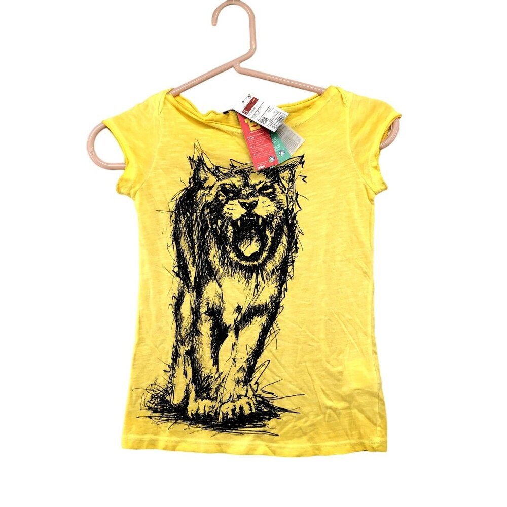 NWT Sisley Girls S 6-7 Years Wolf Graphic T Shirt Yellow Short Sleeve‎ Summer
